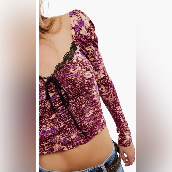 Free People Size S Long Sleeve Layer It On Me Ruched Crop in red combo NEW! - Picture 2 of 9